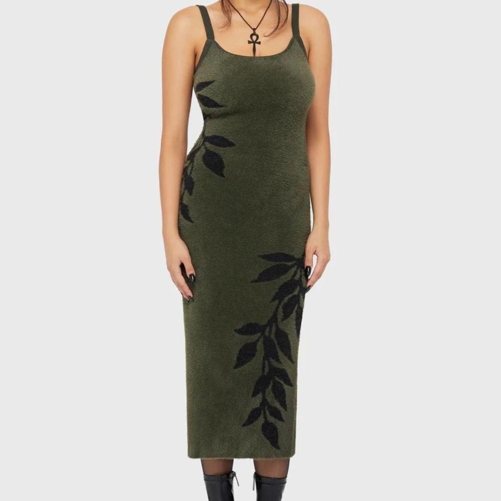 Killstar Grim Ferns Olive Green Fuzzy Knit Midi Dress XS Goth Botanical